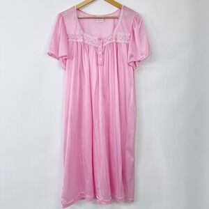 Vintage 90s Y2K Simply Basic Nylon Nightgown Tag 2X Fit XL Pink Lace Trim